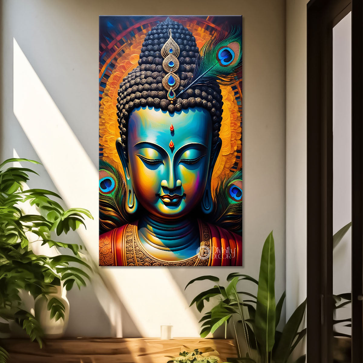 Golden buddha with peacock feathers painting Buddha-V-224