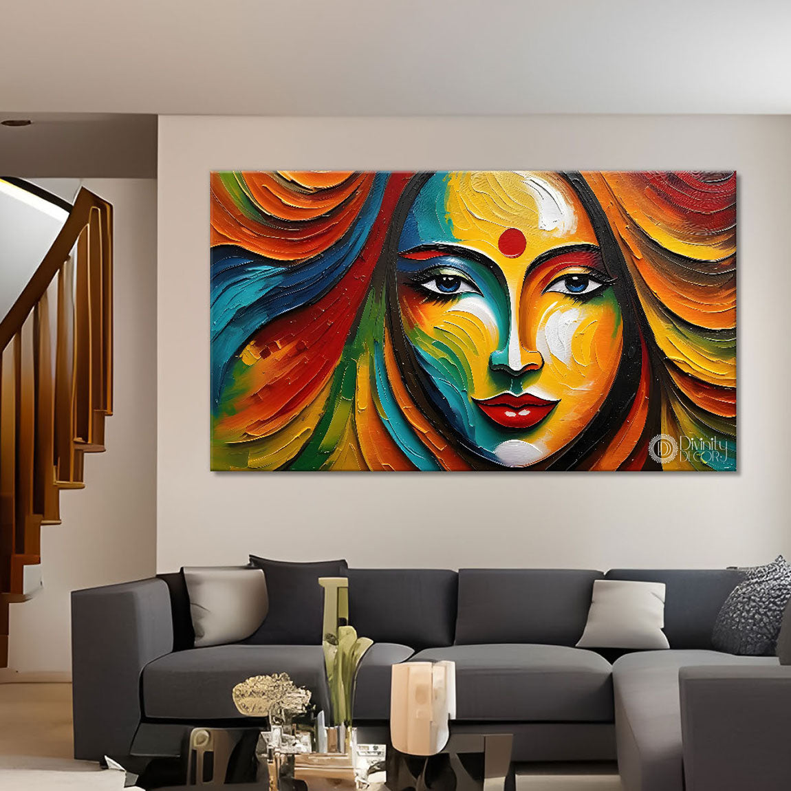 Colorful face lady with textured Canvas Painting - Design - Modern-L-224