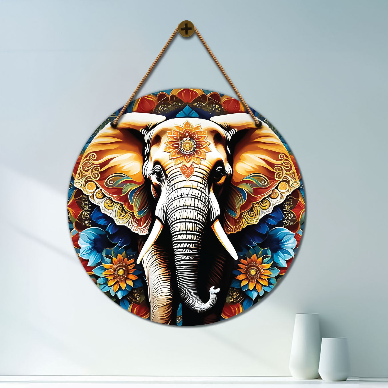 Elephant in blue and golden mandala Round Wooden Wall Hanging for wall Décor - Design - 224