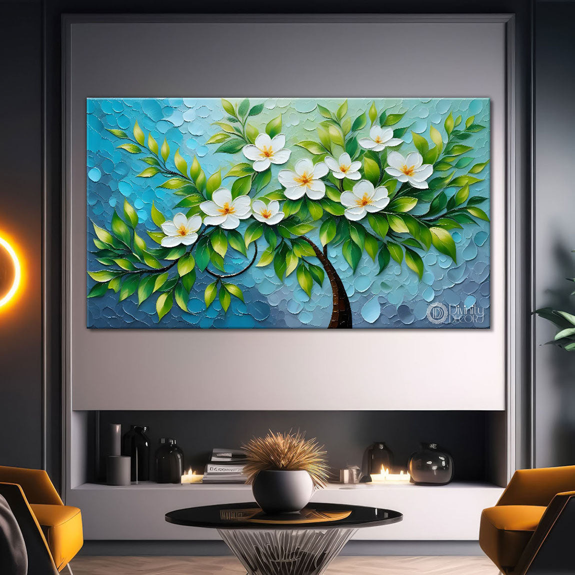 White flower tree in textured background oil painting- Design - Tree-224