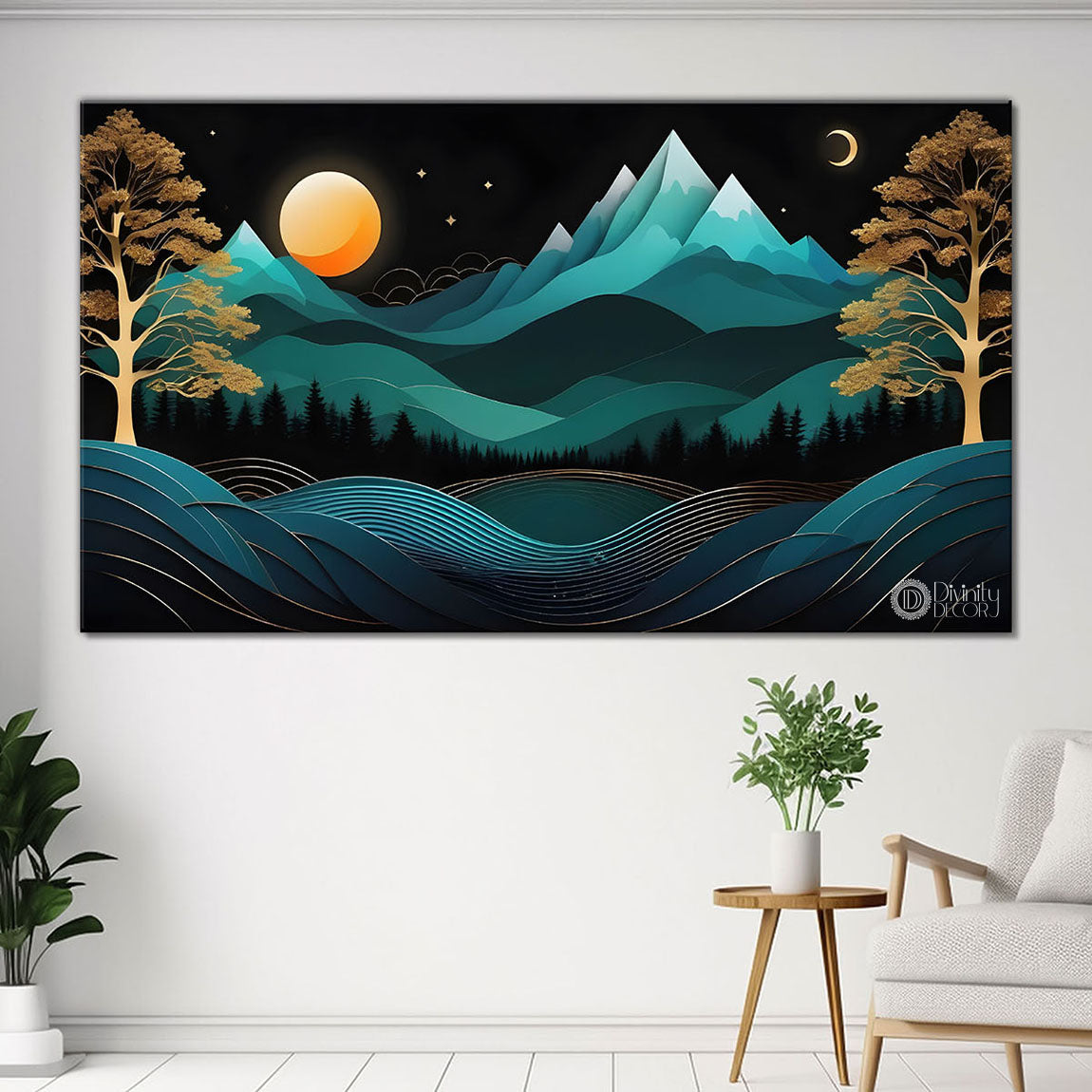 Green mountains with golden moon and trees Canvas Painting - Nature Art -224