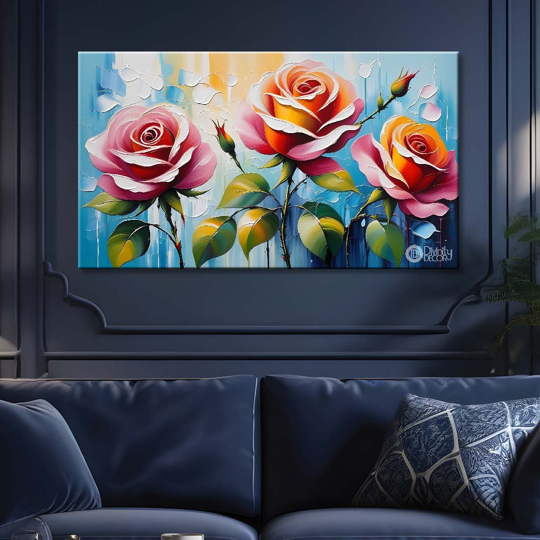 Pink roses with blue textured background painting- Design - Flower-224