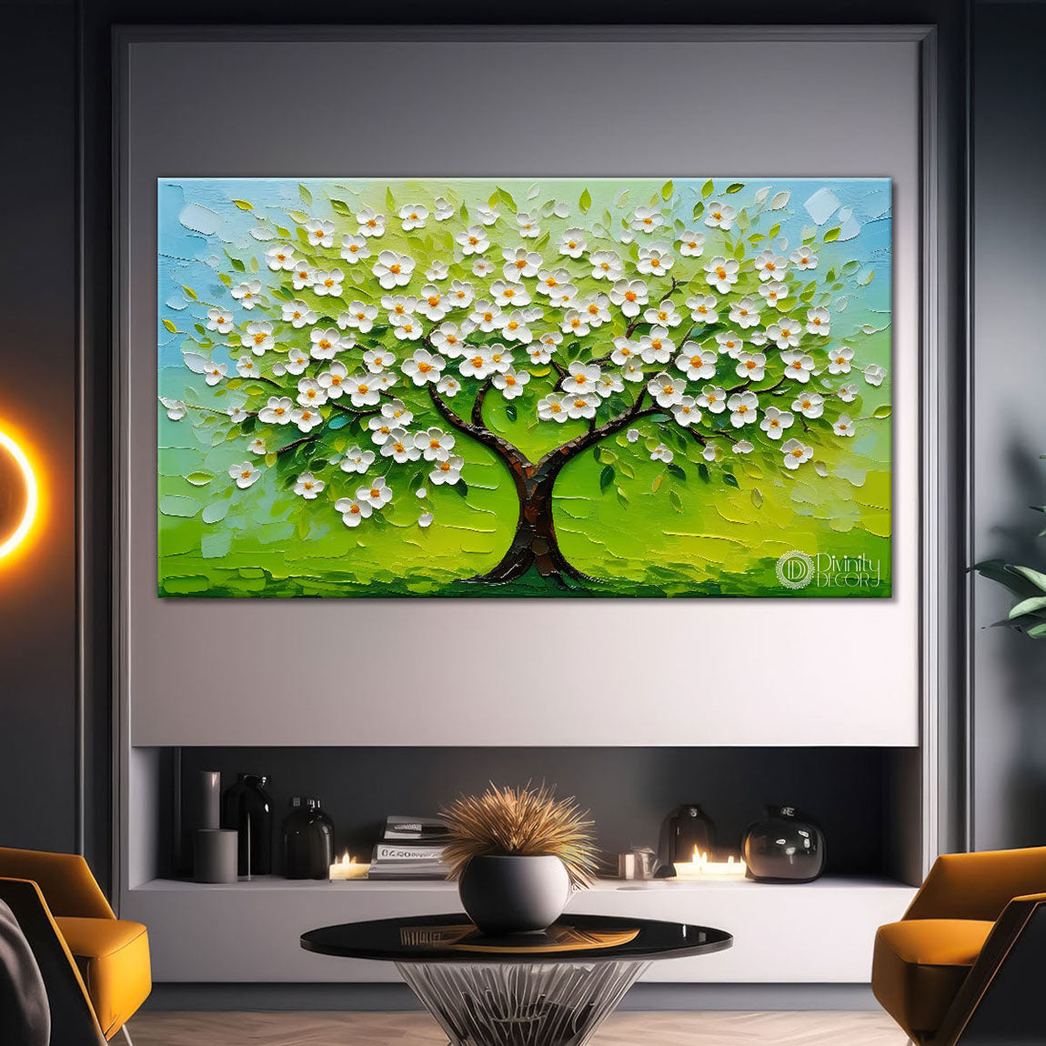 White flower tree in textured background oil painting- Design - Tree-225