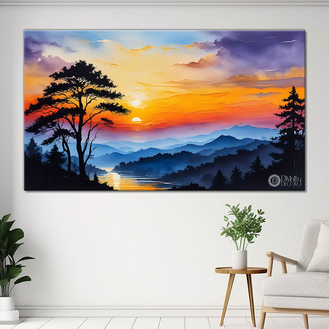 Mountains with tree and sunset painting Canvas Painting - Nature Art -225