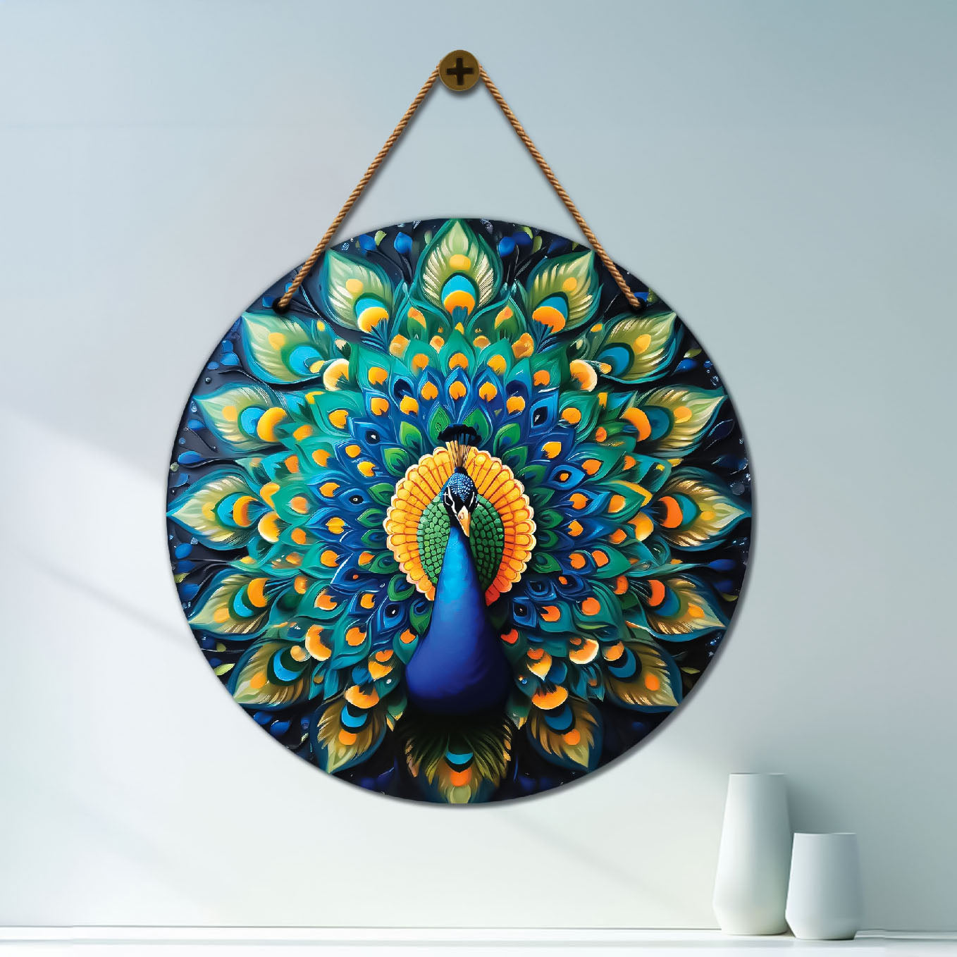 Peacock in green and yellow mandala Round Wooden Wall Hanging for wall Décor - Design - 225