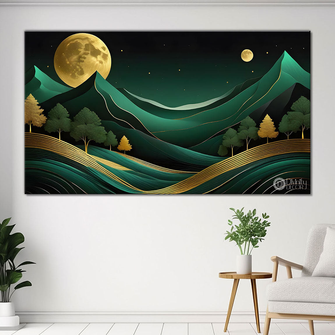 Green mountains with golden moon and trees Canvas Painting - Nature Art -226