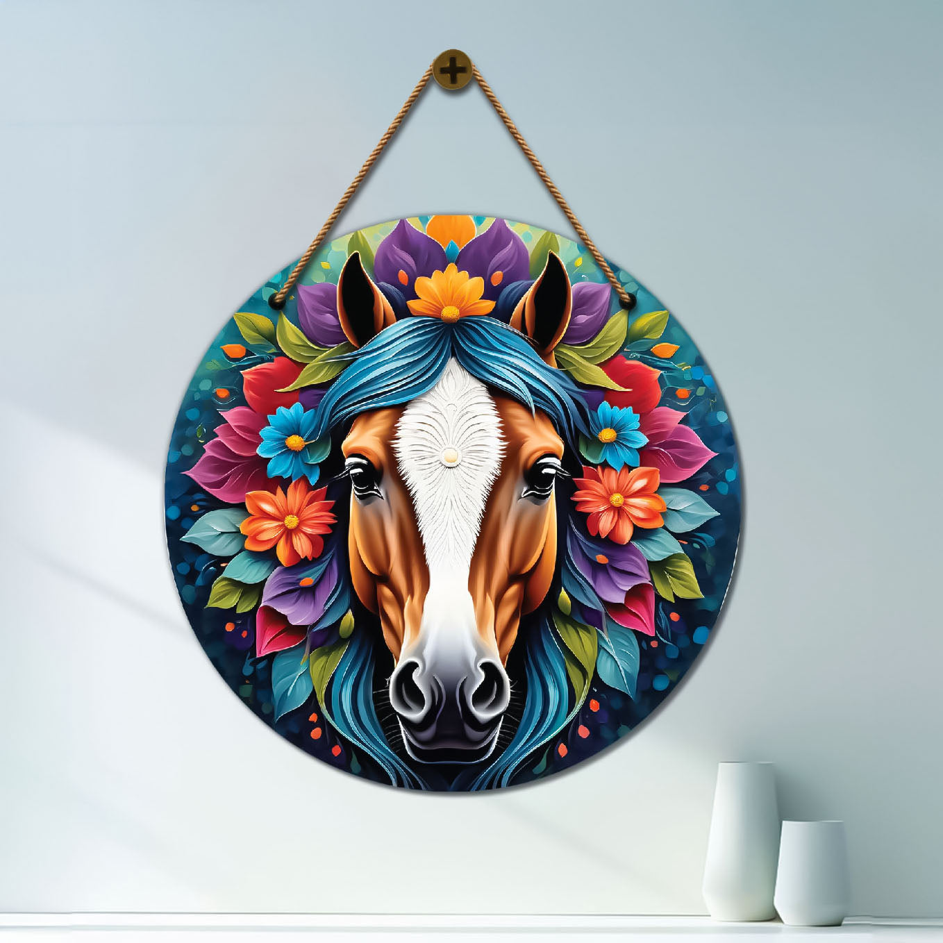 Horse in blue and pink mandala Round Wooden Wall Hanging for wall Décor - Design - 226