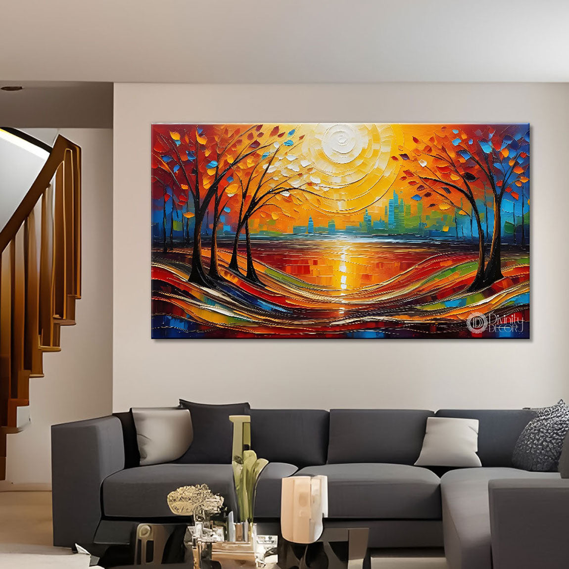 Colorful trees in sunrise background textured modern art Canvas Painting - Design - Modern-L-226