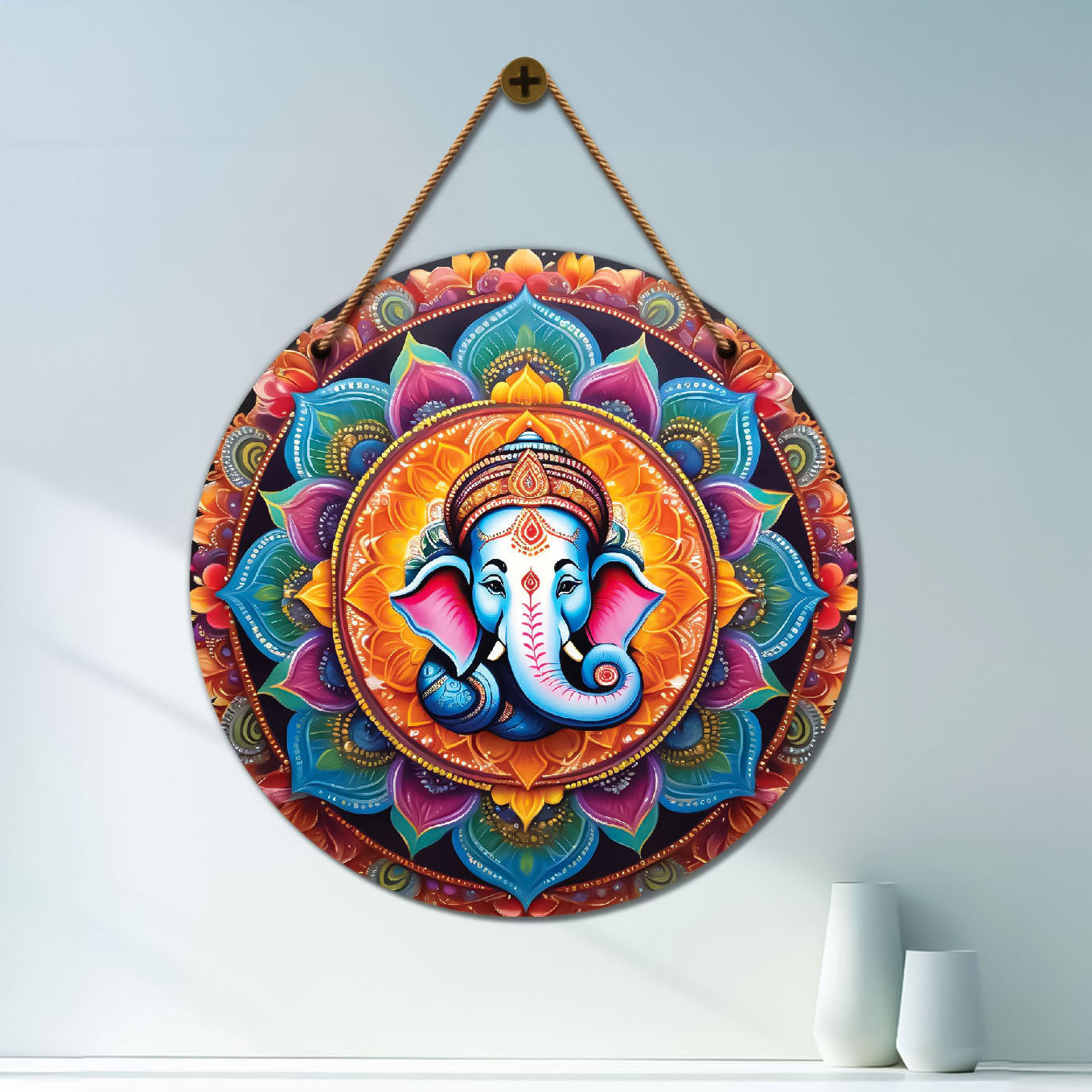 Ganesh Ji in blue and pink mandala Round Wooden Wall Hanging for wall Décor - Design - 227