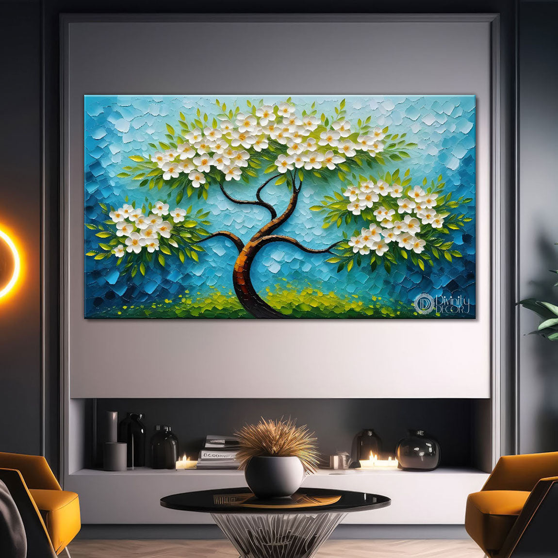 White flower tree in textured background oil painting- Design - Tree-227