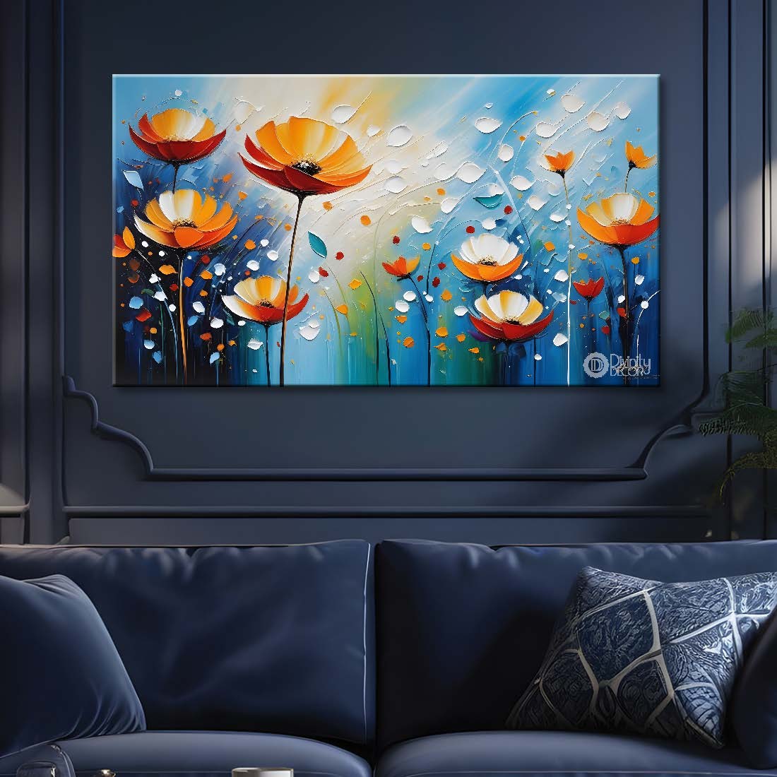 Orange flowers in blue background- Design - Flower-227