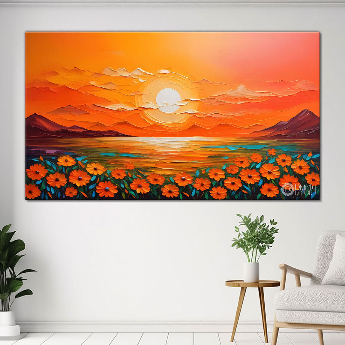 Mountains with flowers and sunset painting Canvas Painting - Nature Art -228