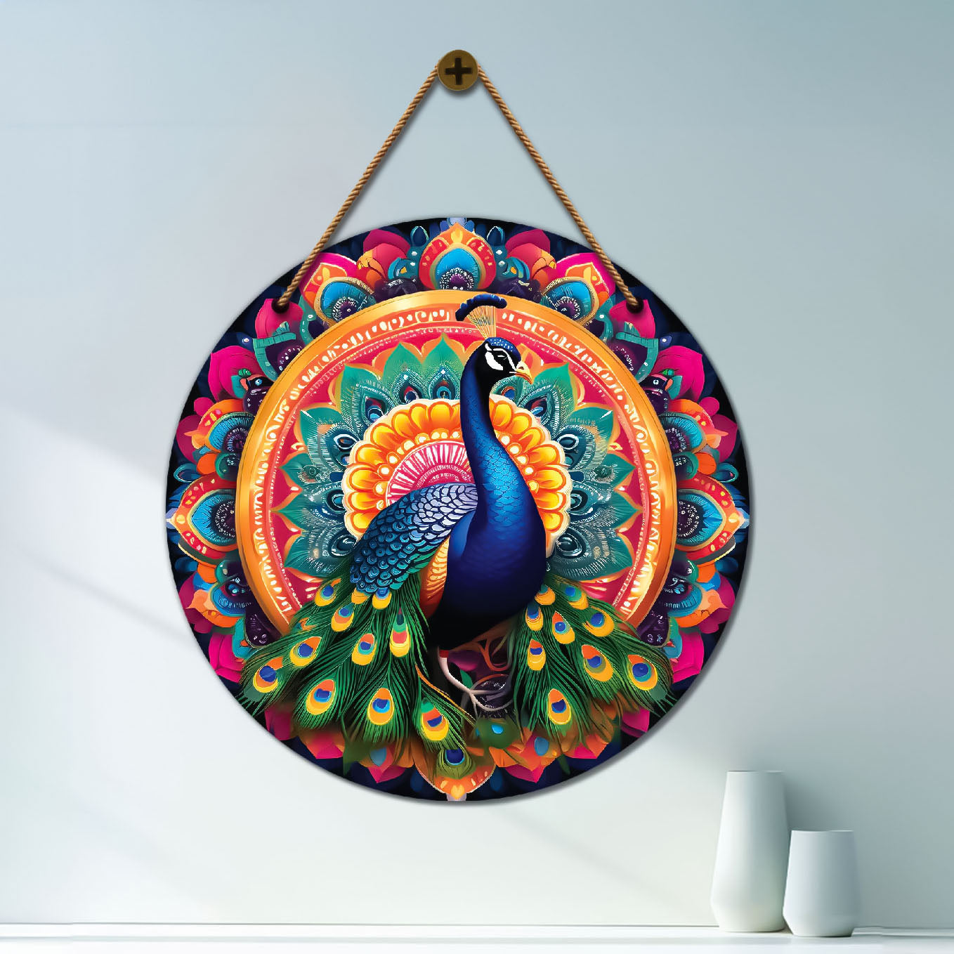 Peacock in orange and pink mandala Round Wooden Wall Hanging for wall Décor - Design - 228