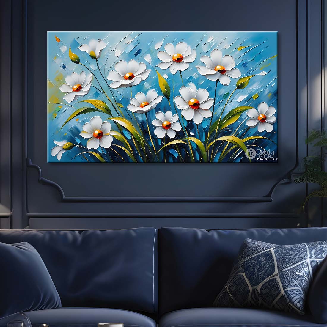 White flowers in blue background- Design - Flower-228