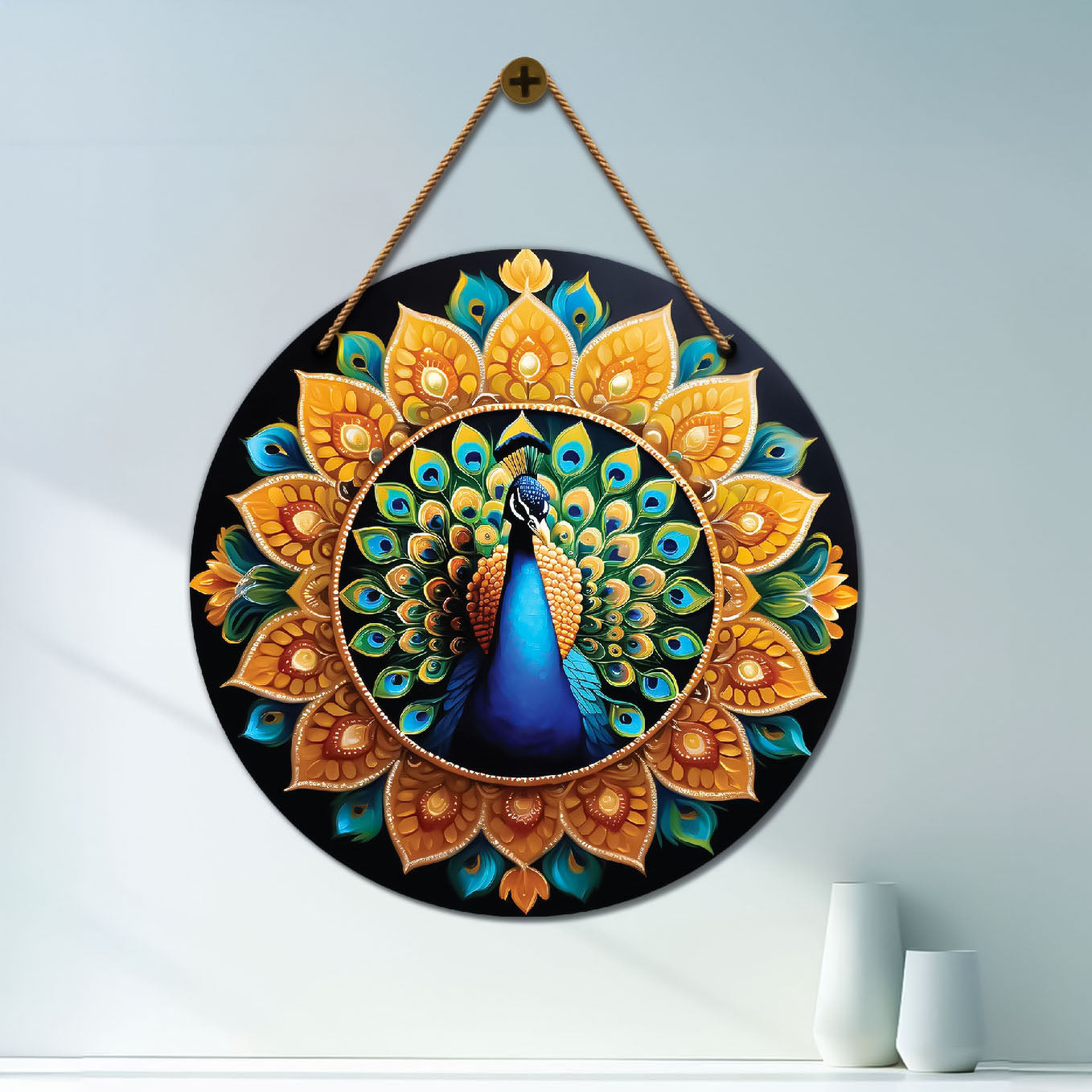 Peacock in green and golden mandala Round Wooden Wall Hanging for wall Décor - Design - 229