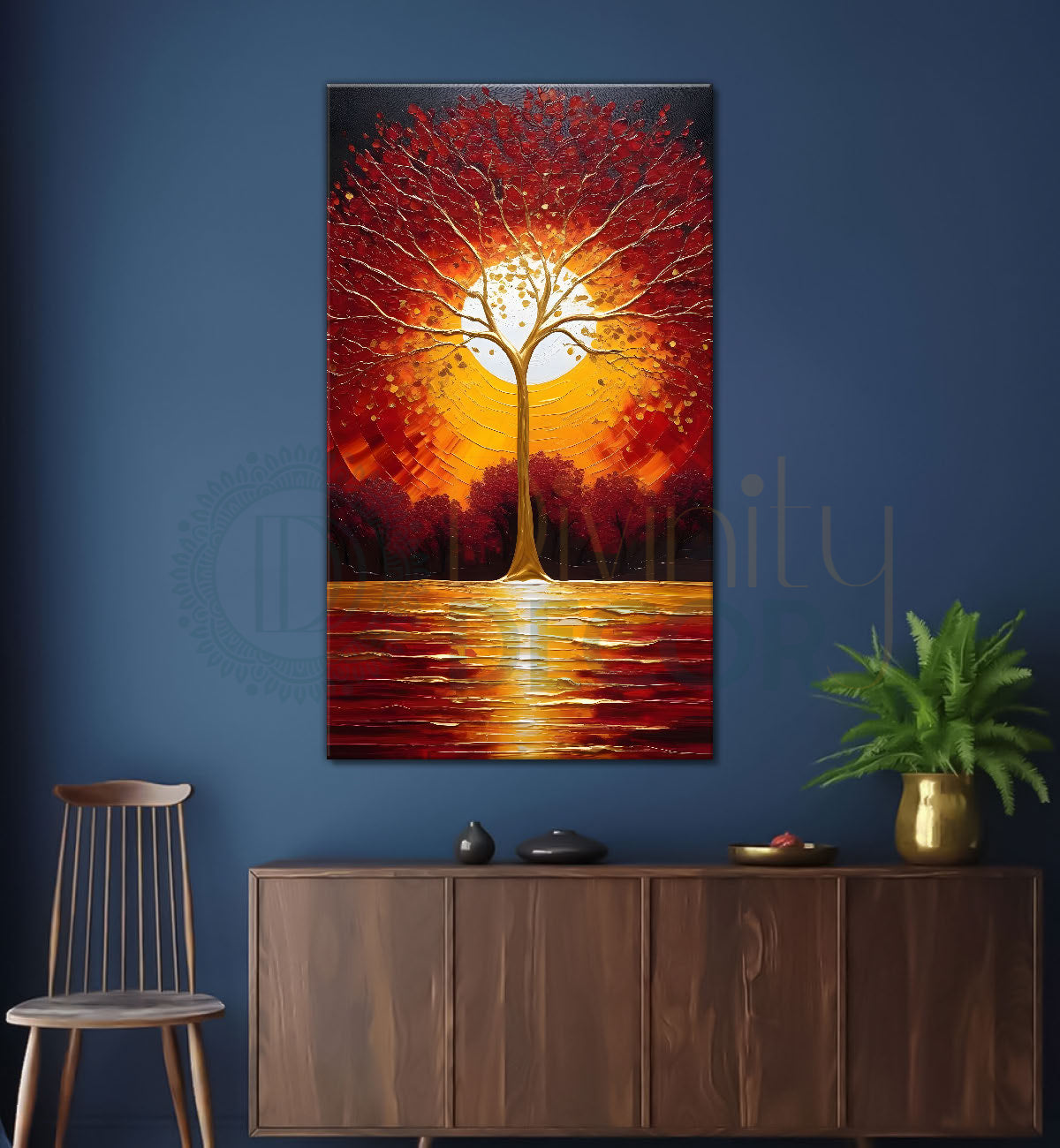 Red textured tree in front of sun with red textured oil painting Canvas painting - Tree-V-22