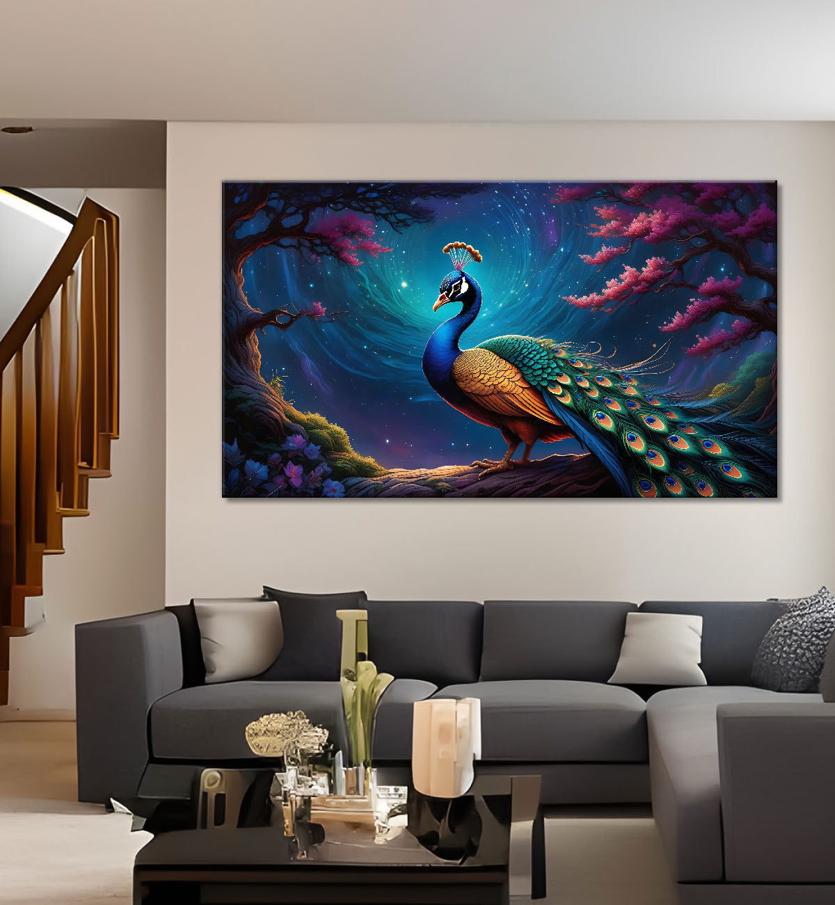 Peacock on the branch with night view modern art Canvas Painting - Design - Peacock-22