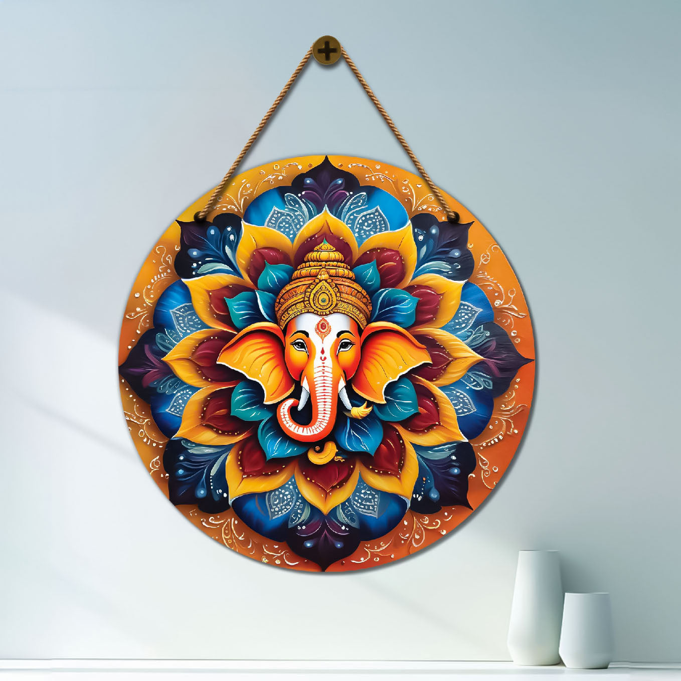 Ganesh Ji in blue and yellow mandala Round Wooden Wall Hanging for wall Décor - Design - 230
