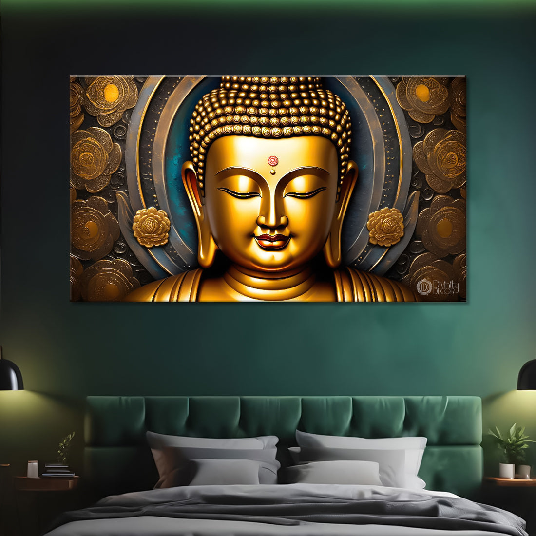Golden buddha with green textured background painting Canvas Wall Painting - Buddha-231