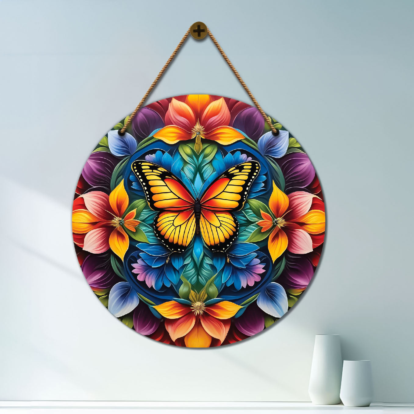 Butterfly in orange and purple mandala Round Wooden Wall Hanging for wall Décor - Design - 231
