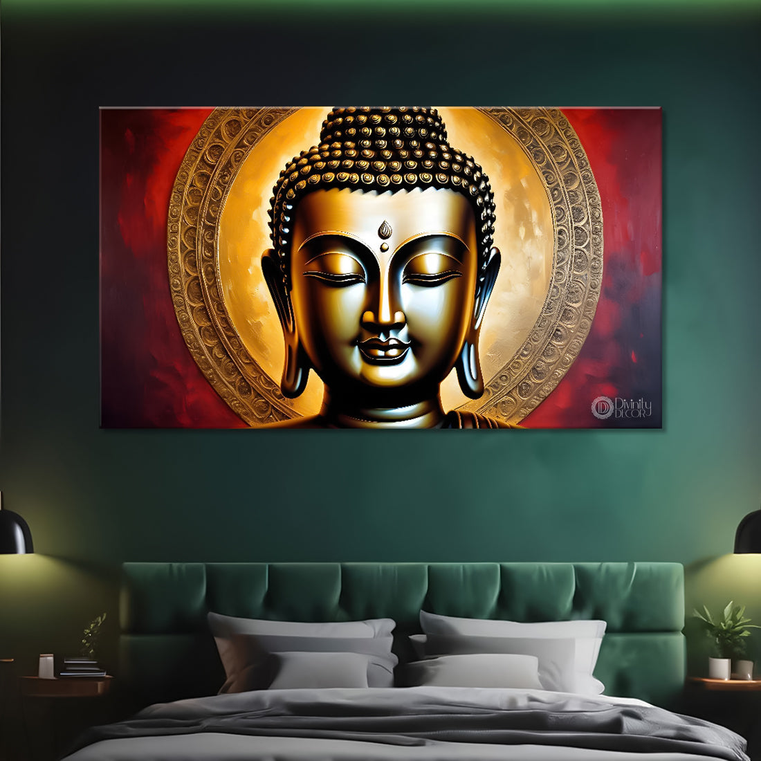Golden buddha with red textured background painting Canvas Wall Painting - Buddha-232