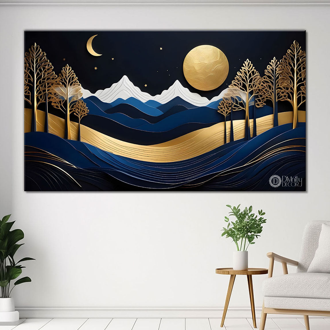 Blue mountains with golden moon and tree Canvas Painting - Nature Art -232