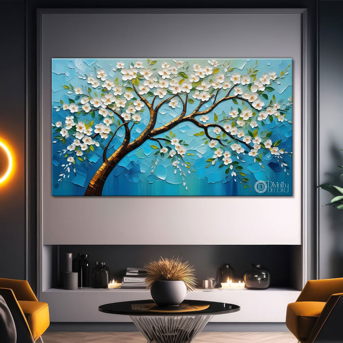 White flower tree in textured background oil painting- Design - Tree-232