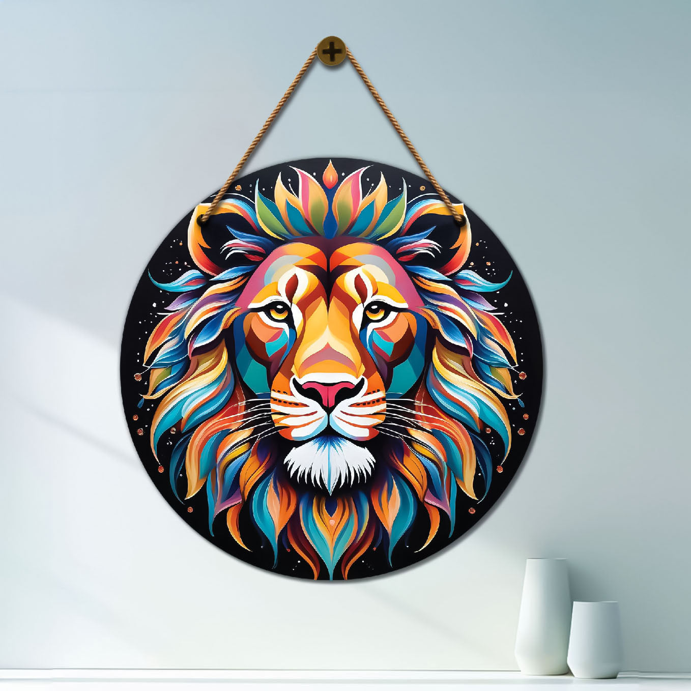 Lion in colours with black mandala Round Wooden Wall Hanging for wall Décor - Design - 232