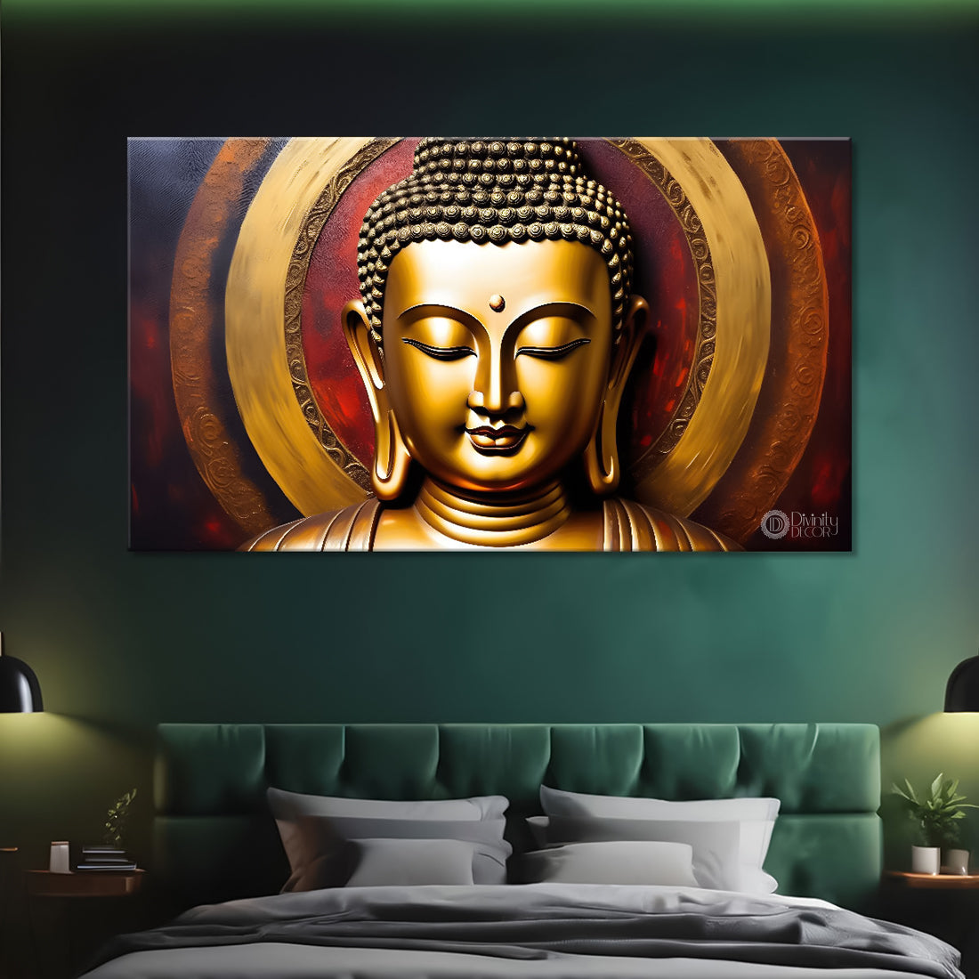 Golden buddha with red textured background painting Canvas Wall Painting - Buddha-233
