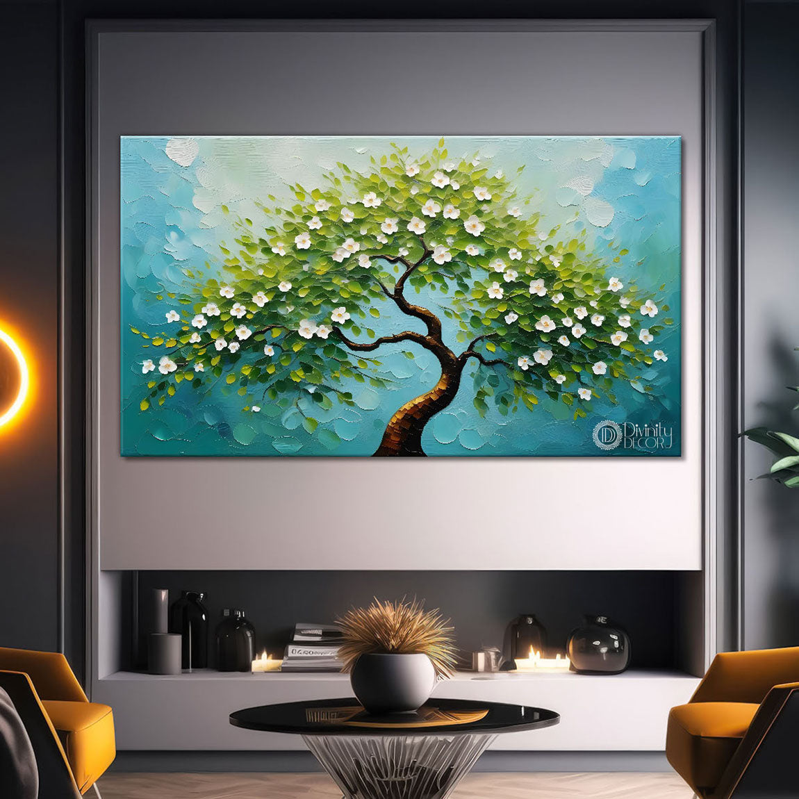White flower tree in textured background oil painting- Design - Tree-233