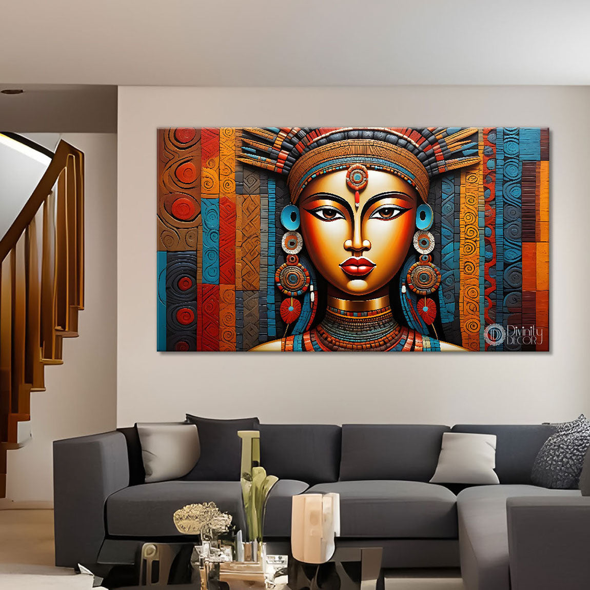 Tribal lady face in colorful background art Canvas Painting - Design - Modern-L-233