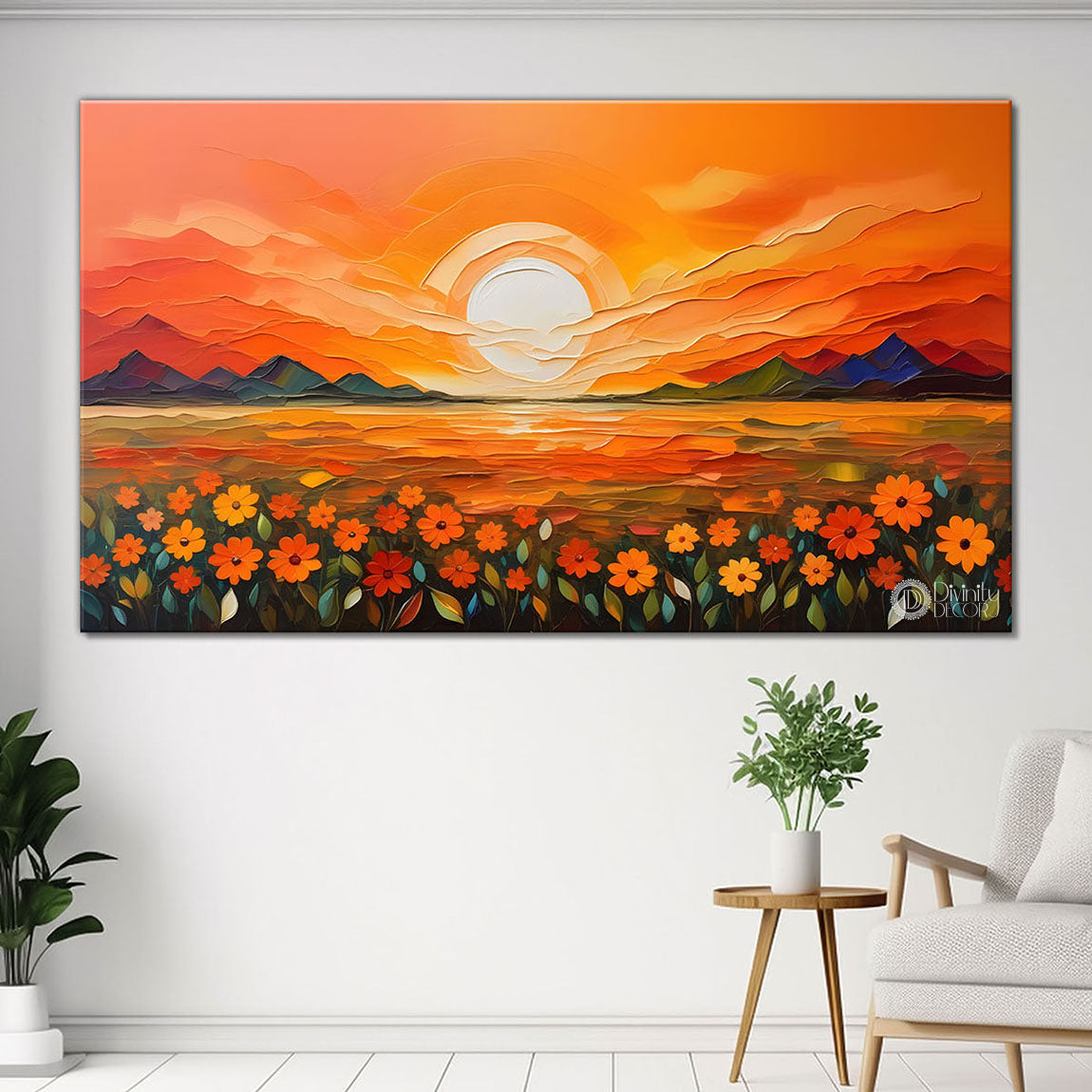 Mountains with flowers and sunset painting Canvas Painting - Nature Art -233