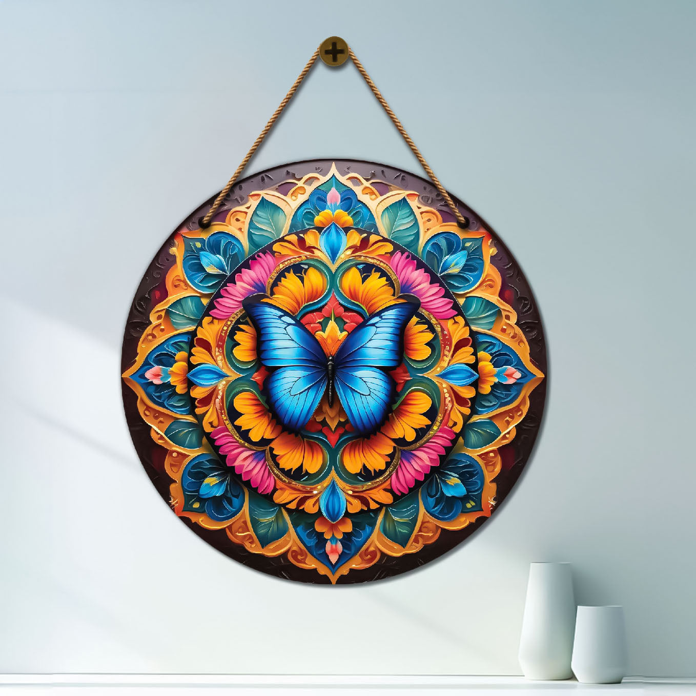 Butterfly in blue and yellow mandala Round Wooden Wall Hanging for wall Décor - Design - 233
