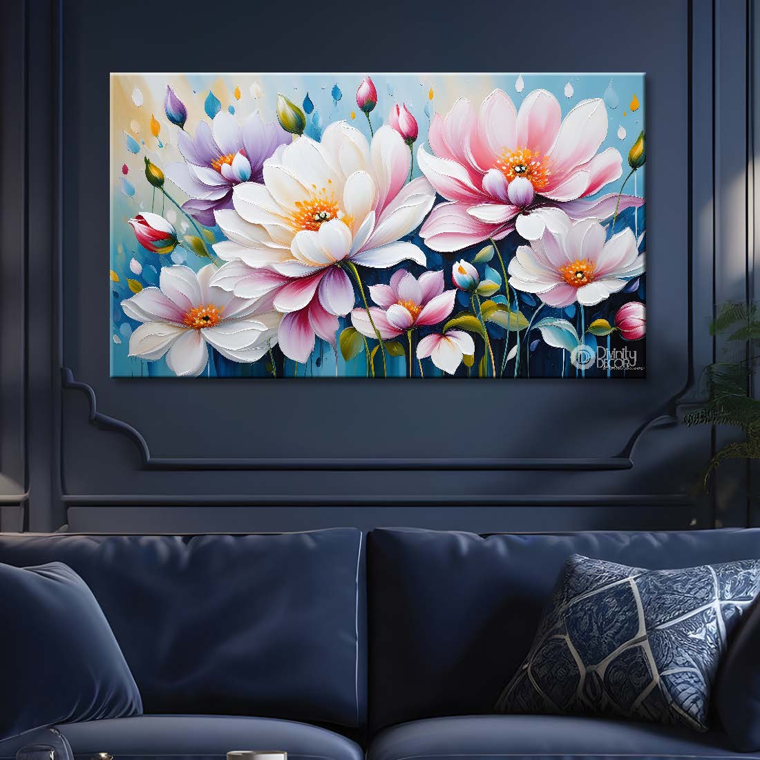 White flowers in blue background- Design - Flower-233