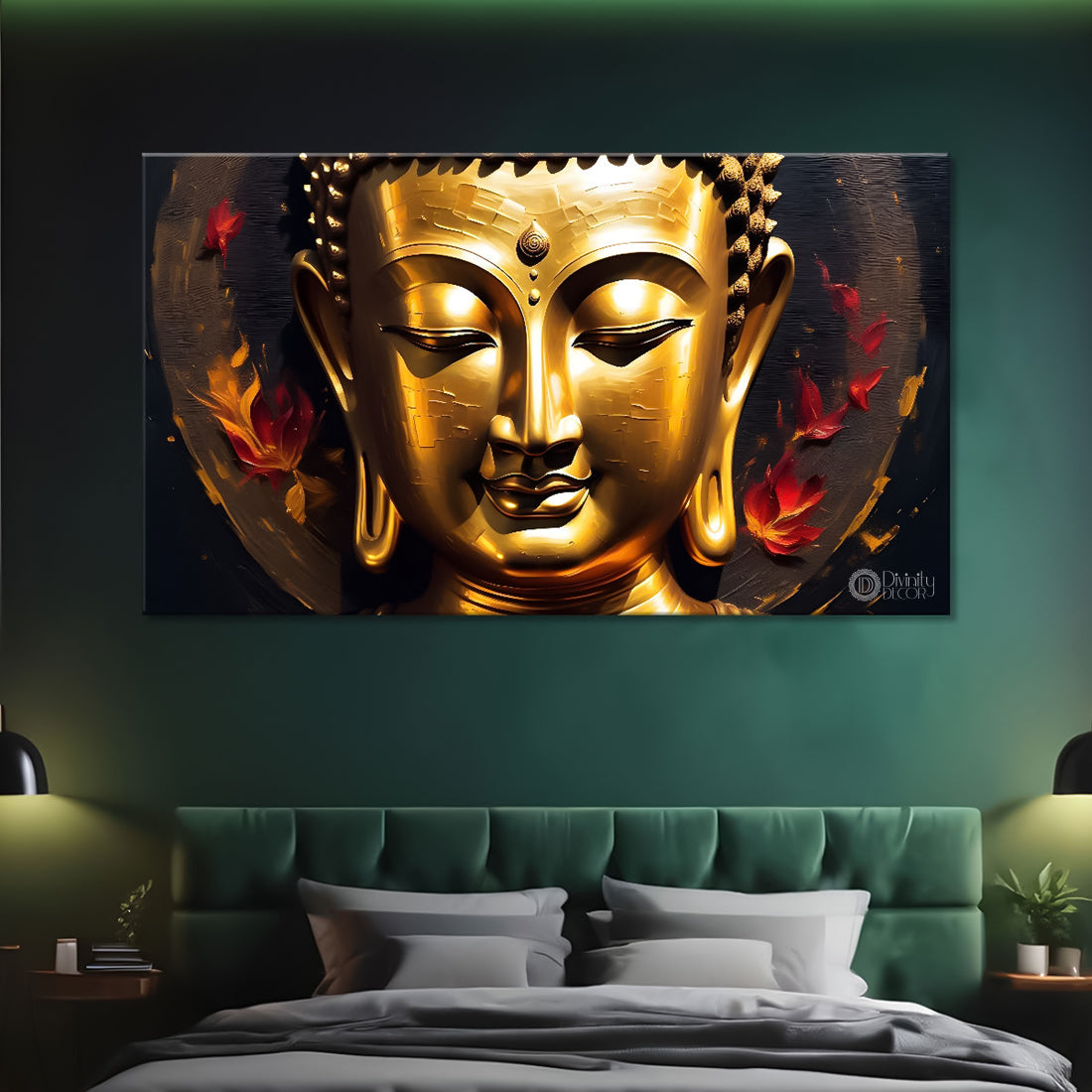Golden buddha with red and dark textured background painting Canvas Wall Painting - Buddha-234