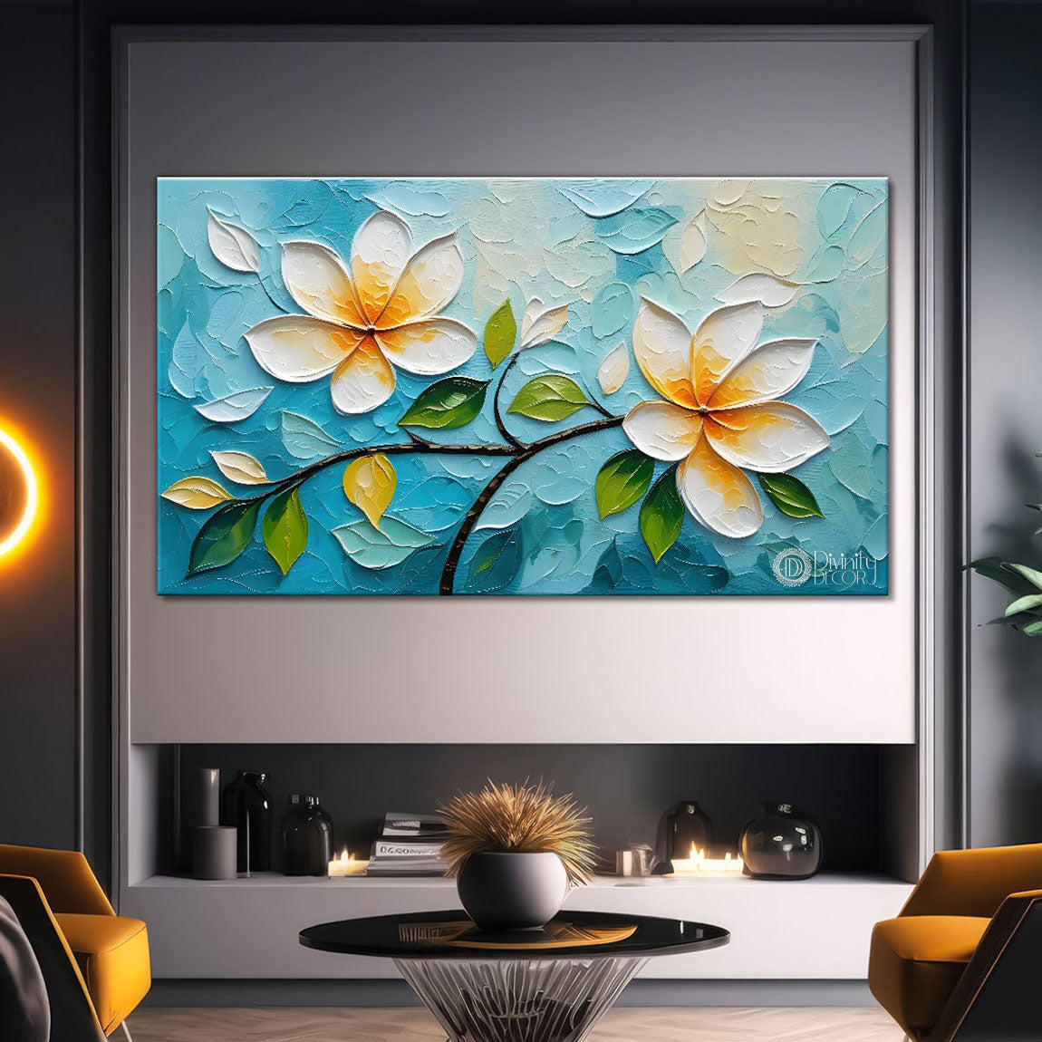 White flower tree in textured background oil painting- Design - Tree-234