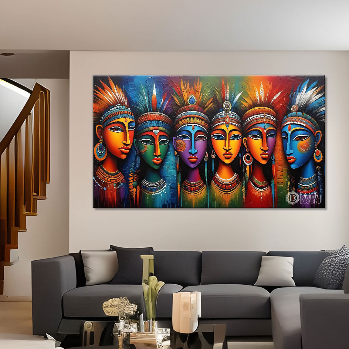 Multiple tribal men textured modern art Canvas Painting - Design - Modern-L-234