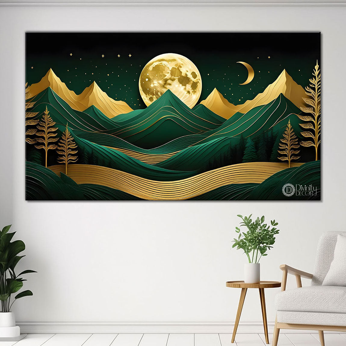 Green mountains with golden moon and trees Canvas Painting - Nature Art -234