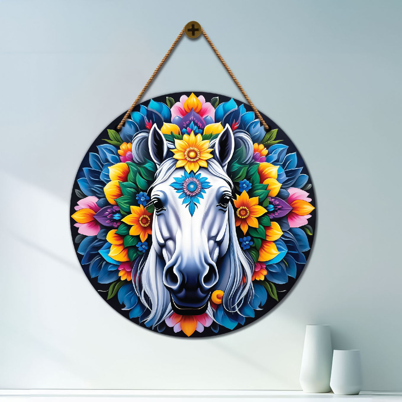 Horse in blue and yellow mandala Round Wooden Wall Hanging for wall Décor - Design - 234