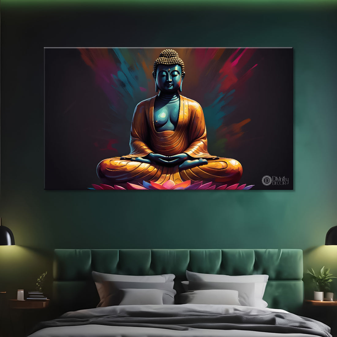 Golden buddha with red and dark textured background painting Canvas Wall Painting - Buddha-235