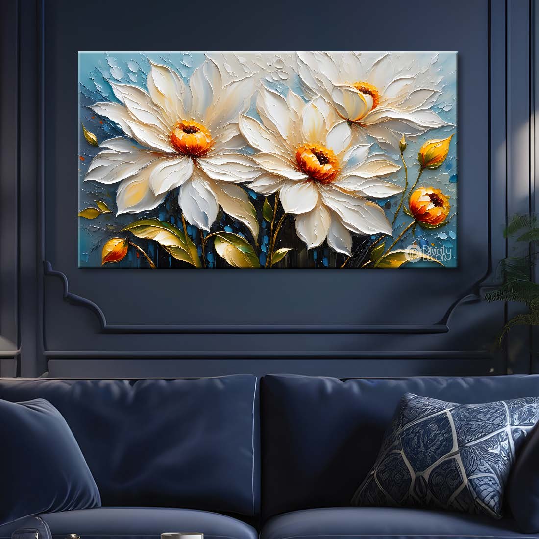 White flowers in blue background- Design - Flower-235