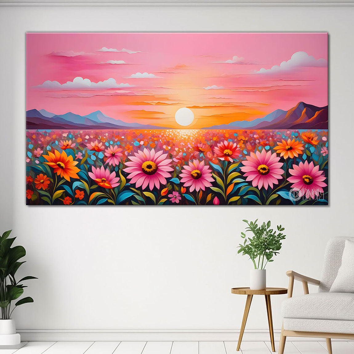 Mountains with flower field with pink sky painting Canvas Painting - Nature Art -235
