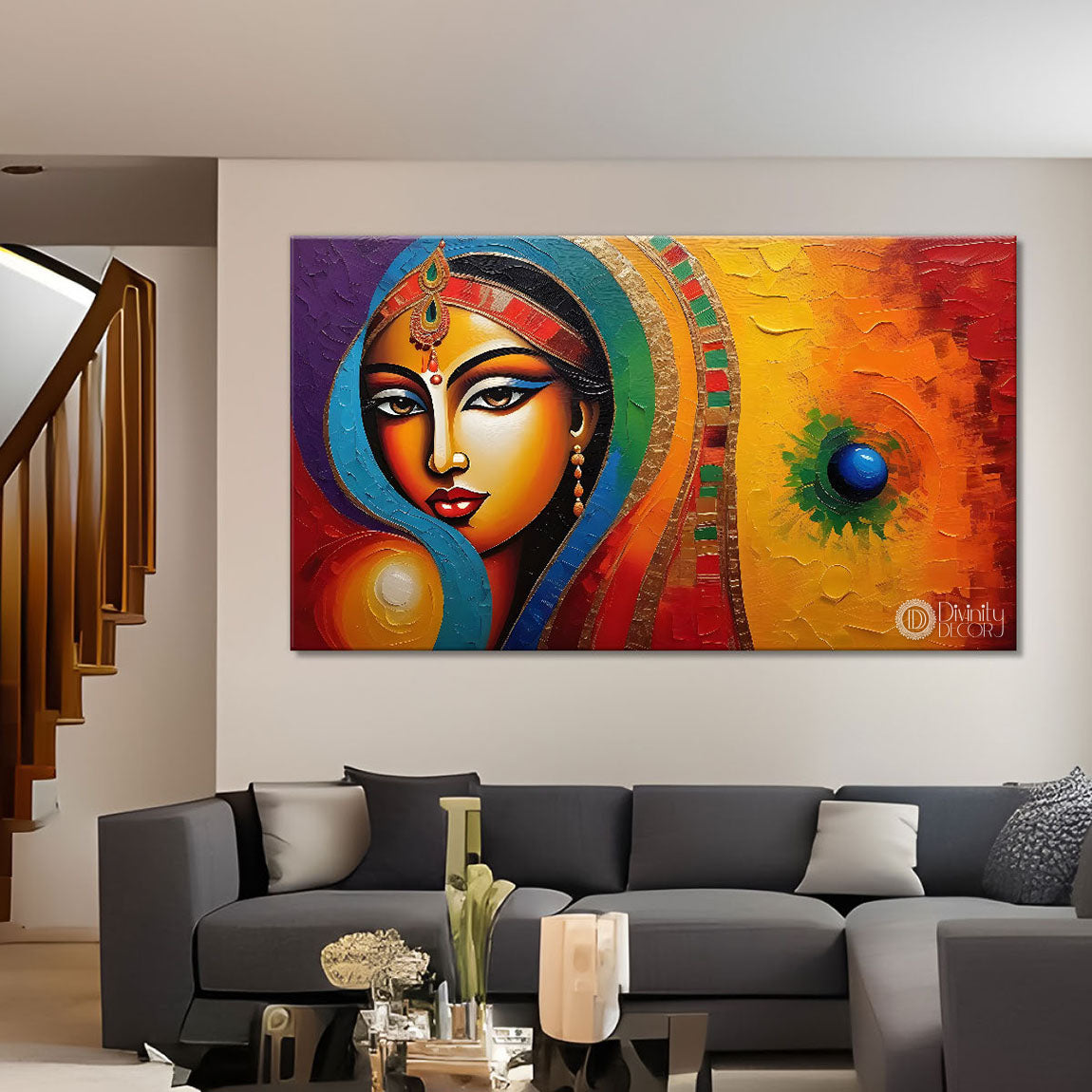 Beautiful lady in colorful dupatta modern art Canvas Painting - Design - Modern-L-235