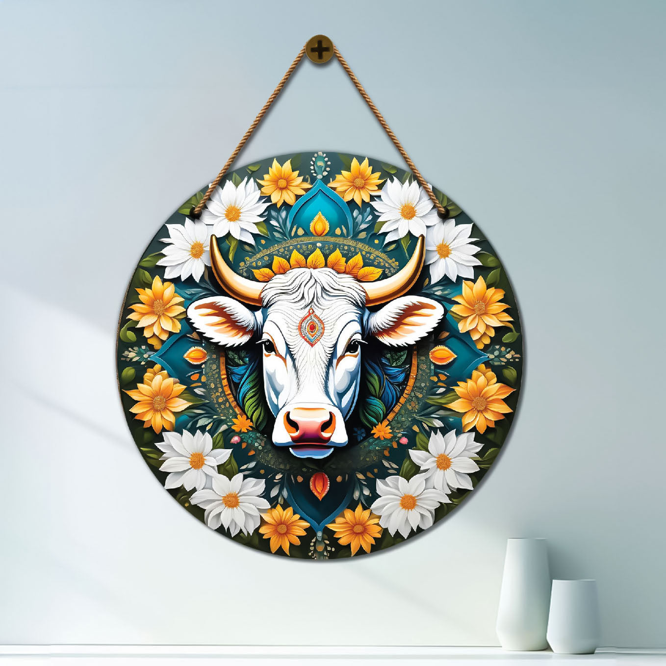 Cow in green and white mandala Round Wooden Wall Hanging for wall Décor - Design - 235