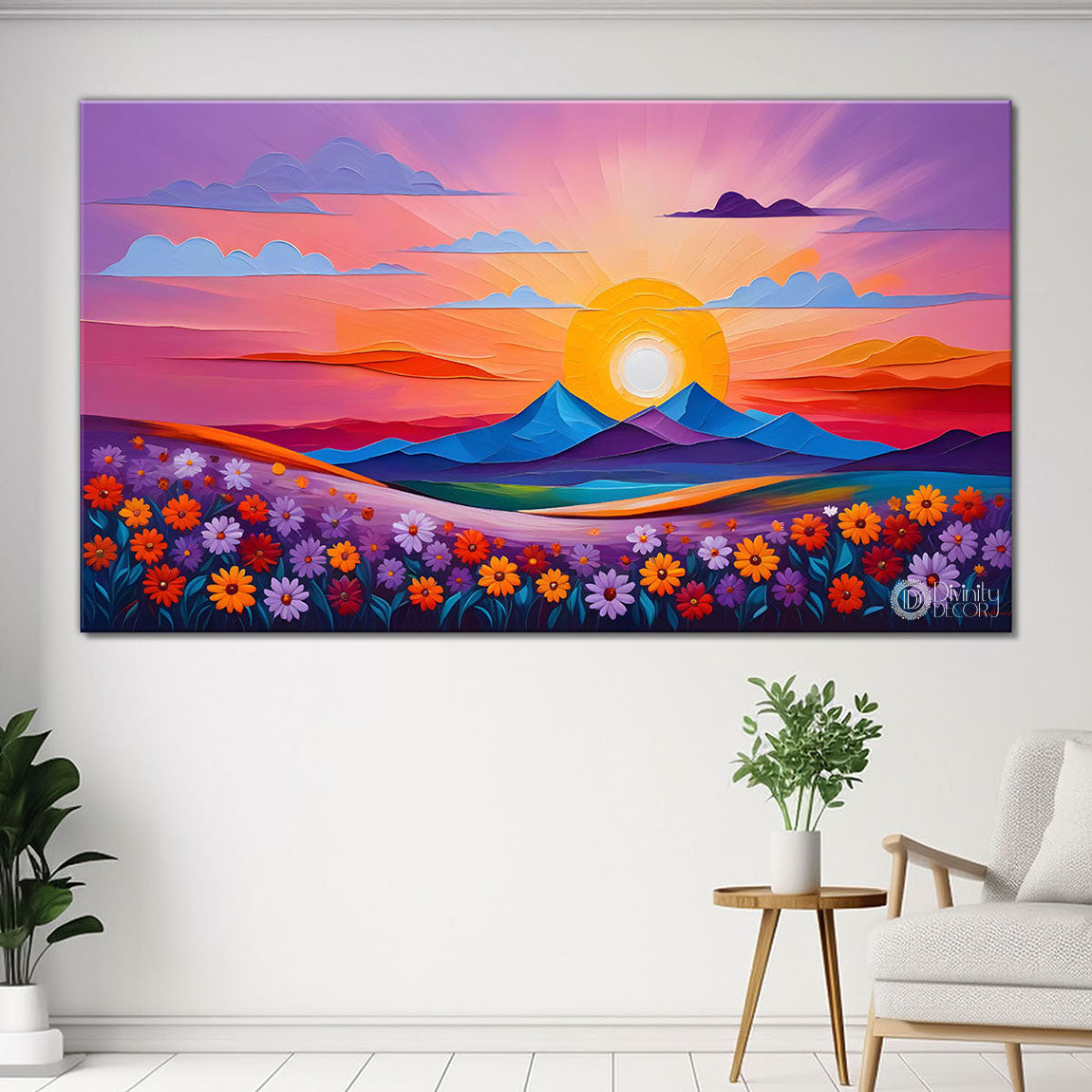Mountains with flower field with pink sky painting Canvas Painting - Nature Art -236