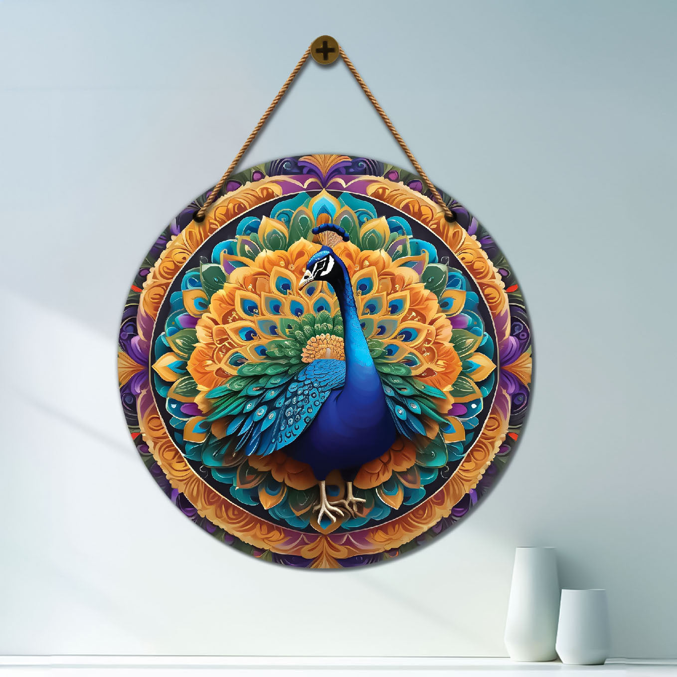 Peacock in green and golden mandala Round Wooden Wall Hanging for wall Décor - Design - 236