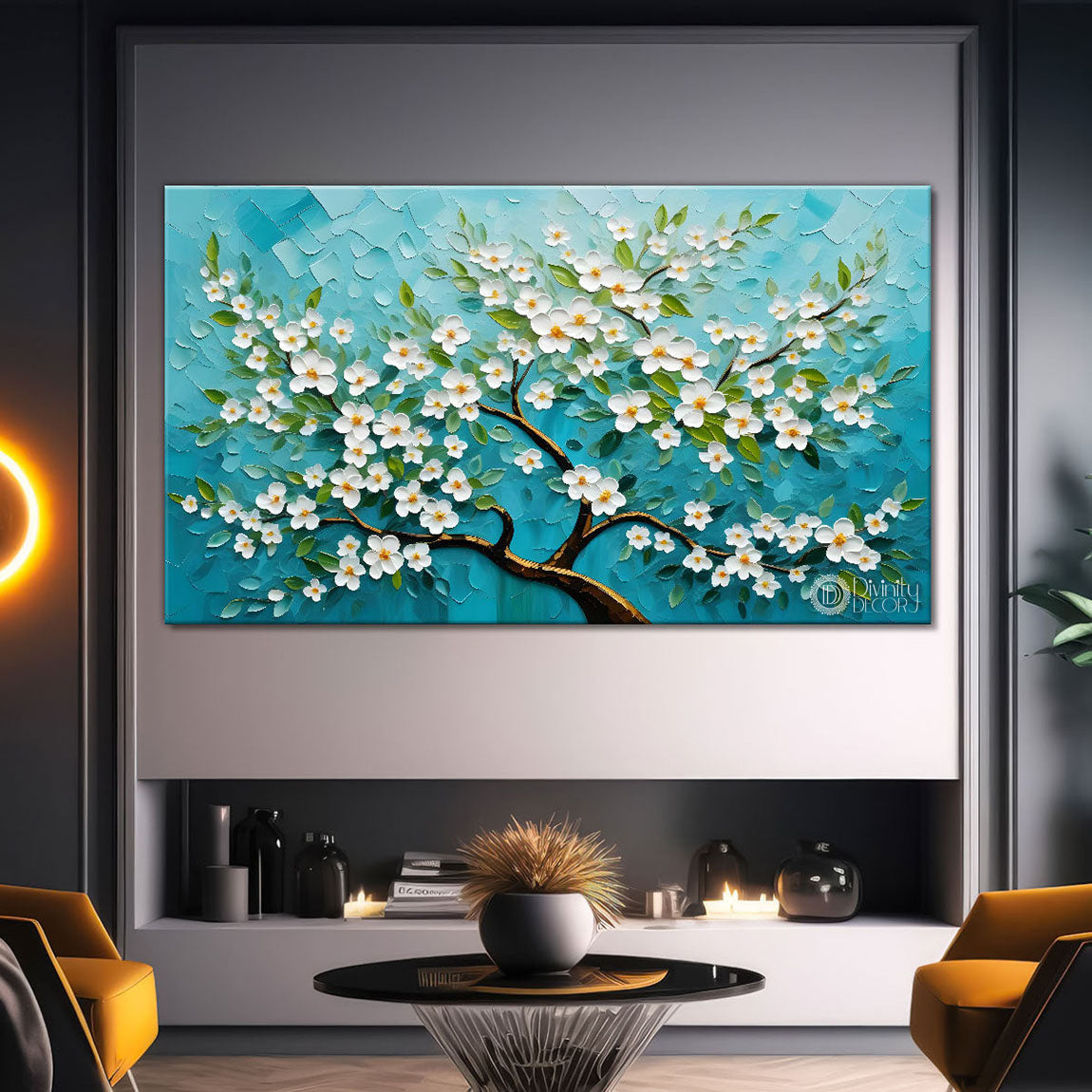 White flower tree in textured background oil painting- Design - Tree-236