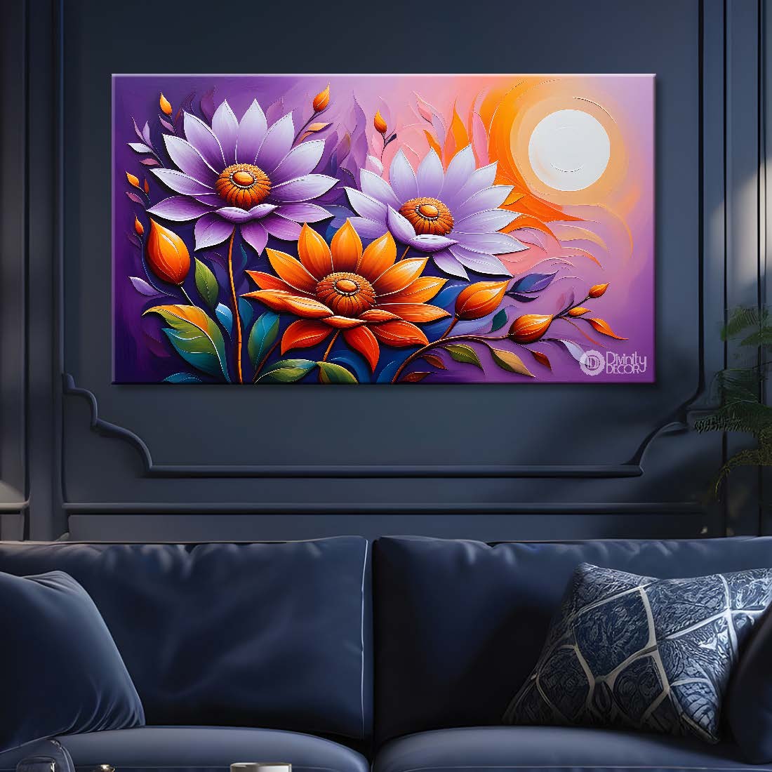 Purple flowers in purple and sun in background- Design - Flower-236