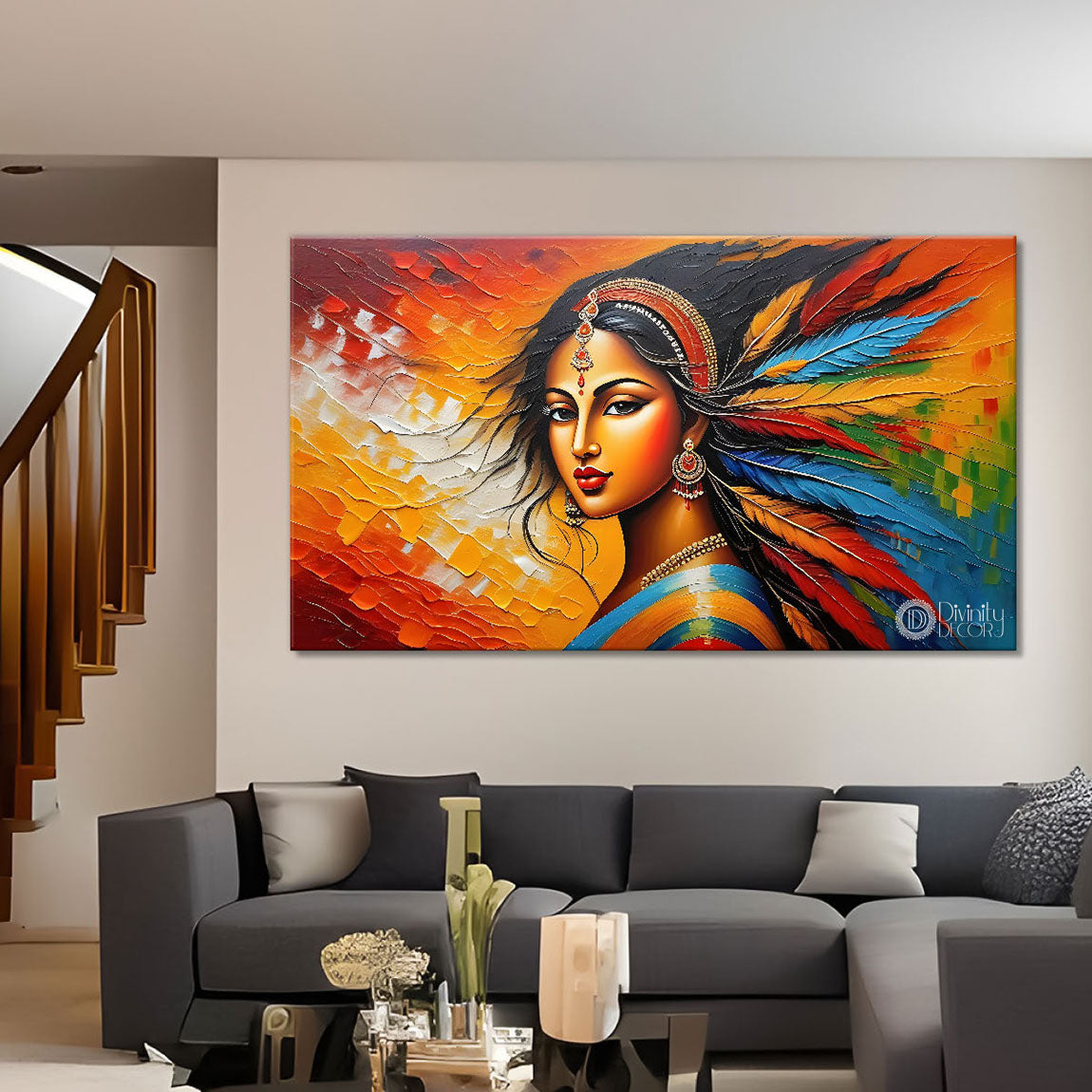 Beautiful lady with colorful feathers textured art Canvas Painting - Design - Modern-L-236
