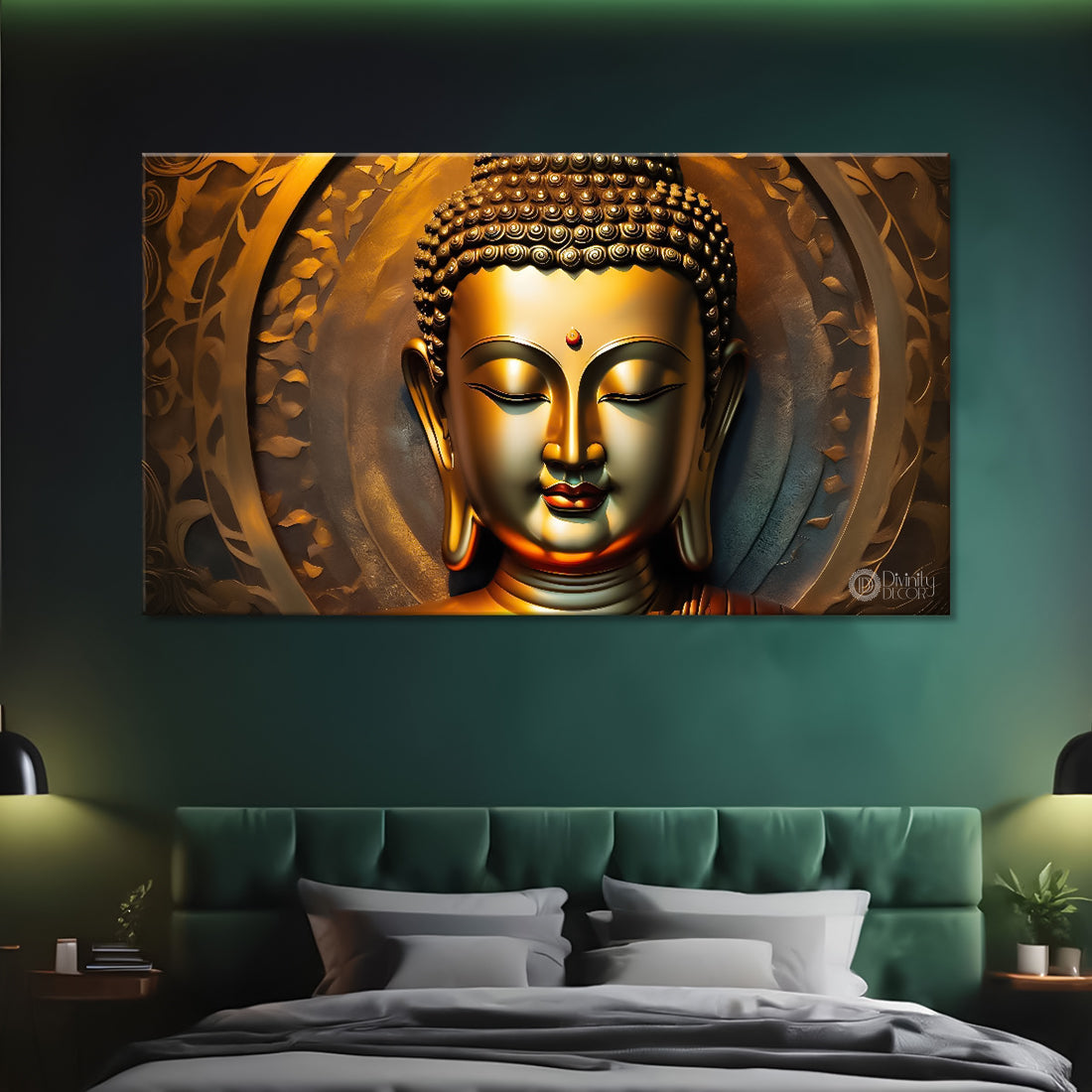 Golden buddha with golden textured background painting Canvas Wall Painting - Buddha-237